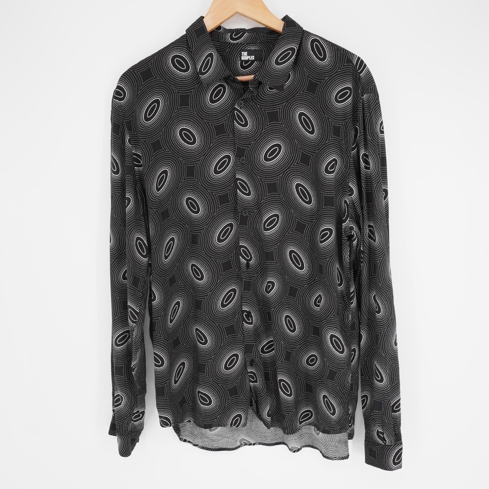 The Kooples Button Up Shirt Mens XL Black Viscose Rayon Geometric Long Sleeve